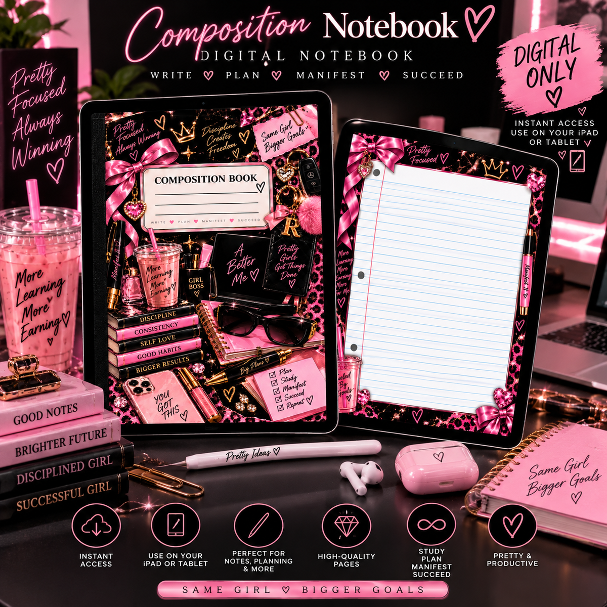 Pretty Focused Digital Composition Notebook | 112-Page College Ruled Notebook for iPad & Tablet